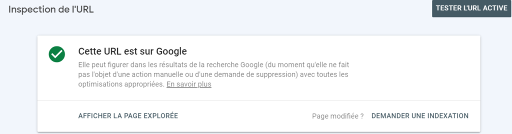 Exemple de confirmation indexation google search Console